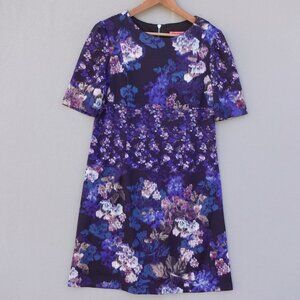 Betsey Johnson Floral Sheath Dress Purple Blue Size 12 Short Sleeve Zip Back